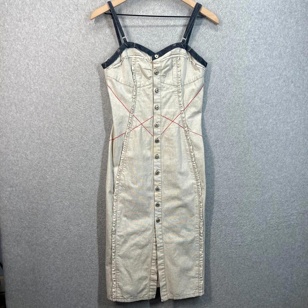 Marithe Francois Girbaud Denim Bustier Midi Dress: Y2K Boho Halter‎ Top, Size S